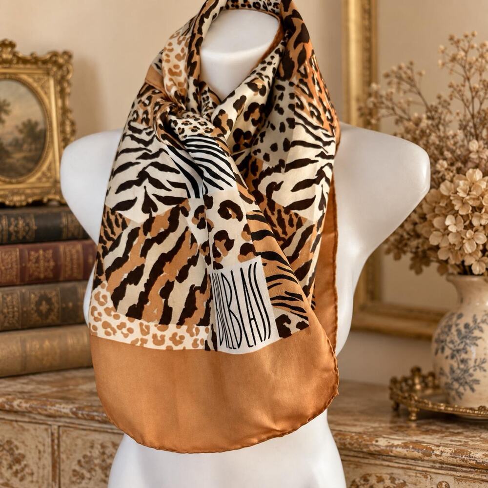 Vintage Bill Blass Silk Scarf 1990s Leopard Tiger Zebra Animal Print 13x58
